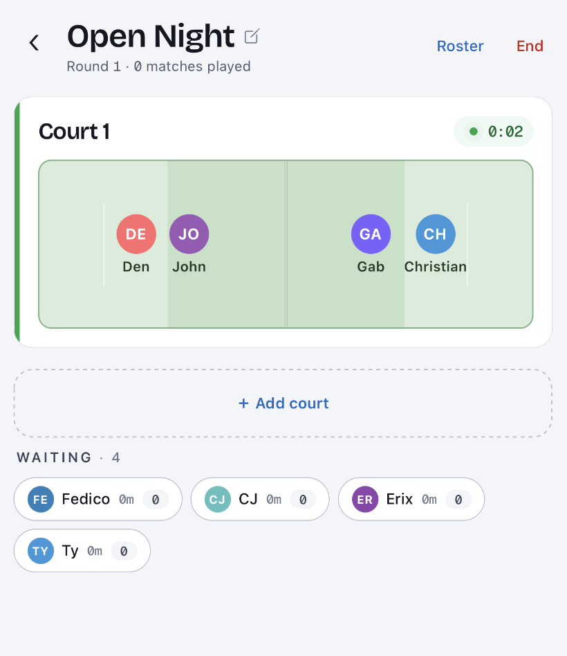 PB Queue pickleball open play queue app — live court view with active matchups, player rotation, and score tracking